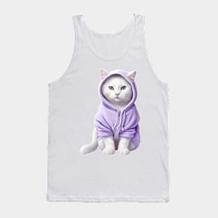 White British shorthair cat wearing purple hoodie Tank Top